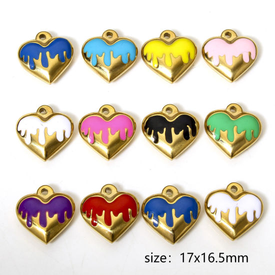 Immagine di 1 Pz 304 Acciaio Inossidabile Charms Cuore Placcato Oro 18K Smalto 17mm x 16.5mm