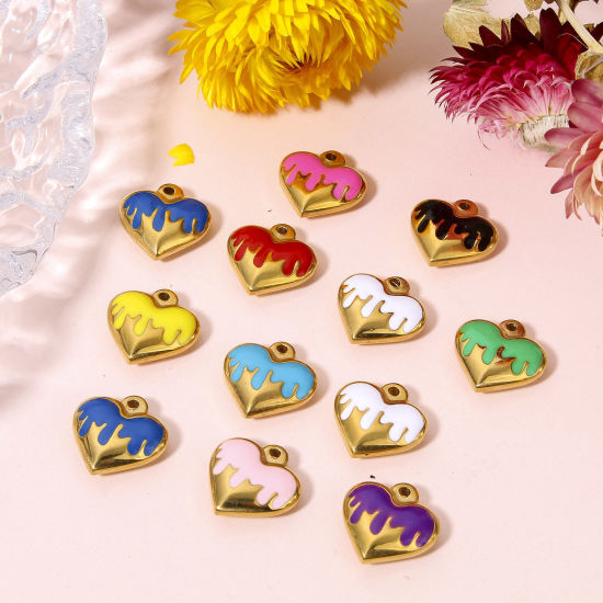 Immagine di 1 Pz 304 Acciaio Inossidabile Charms Cuore Placcato Oro 18K Smalto 17mm x 16.5mm