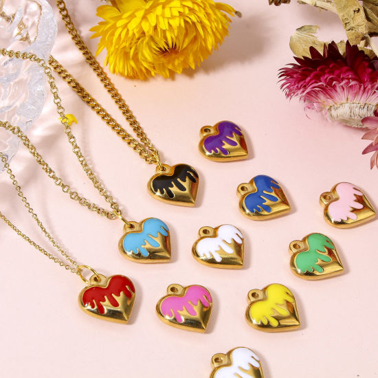 Immagine di 1 Pz 304 Acciaio Inossidabile Charms Cuore Placcato Oro 18K Smalto 17mm x 16.5mm