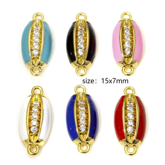 Picture of Brass Connectors Charms Pendants Cowrie Monetaria Caputserpentis Shell 18K Real Gold Plated Multicolor Enamel Clear Cubic Zirconia 15mm x 7mm