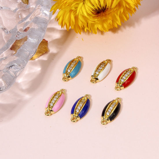 Picture of Brass Connectors Charms Pendants Cowrie Monetaria Caputserpentis Shell 18K Real Gold Plated Multicolor Enamel Clear Cubic Zirconia 15mm x 7mm