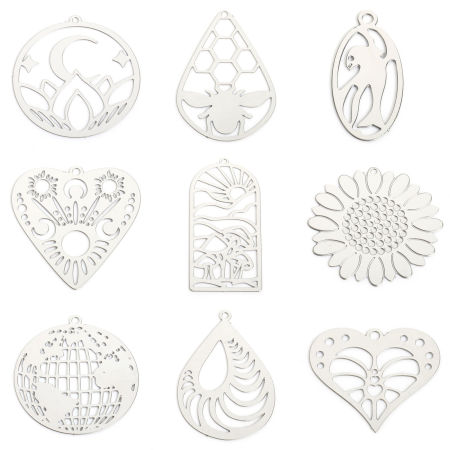 304 Stainless Steel Filigree Stamping Pendants Silver Tone Hollow