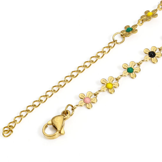 Picture of 1 Piece Vacuum Plating 304 Stainless Steel Handmade Link Chain Anklet 18K Gold Plated Enamel Flower 25cm(9 7/8") long