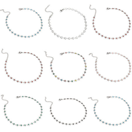Picture of 304 Stainless Steel Handmade Link Chain Anklet Silver Tone Enamel Flower 25cm(9 7/8") long