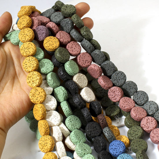 Image de 1 Enfilade (Classement A) Perles pour DIY Fabrication de Bijoux de Charme en Pierre de Lave ( Naturel/Teint ) Plat-Rond 14.5mm Dia