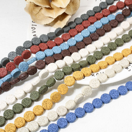 Image de 1 Enfilade (Classement A) Perles pour DIY Fabrication de Bijoux de Charme en Pierre de Lave ( Naturel/Teint ) Plat-Rond 14.5mm Dia