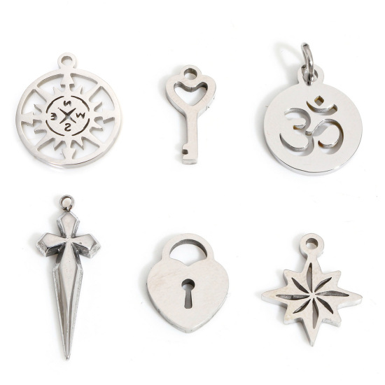 Image de 1 Pièce Breloques en 304 Acier Inoxydable Respectueux de la Nature Religieux Rond Argent Mat Symbole OM/ Aum Creux