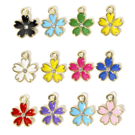 Zinc Based Alloy Charms Gold Plated Multicolor Sakura Flower Enamel Clear Rhinestone 17mm x 14mm