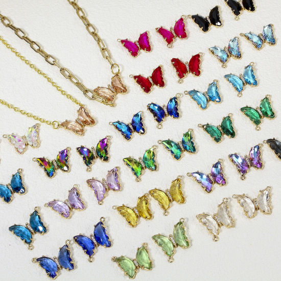 Picture of Brass & Glass Insect Connectors Charms Pendants Gold Plated Multicolor Butterfly Animal Clear Rhinestone 22mm x 17mm