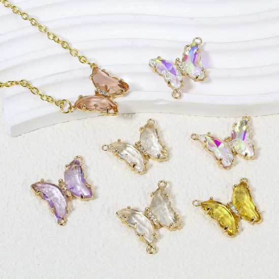 Picture of Brass & Glass Insect Connectors Charms Pendants Gold Plated Multicolor Butterfly Animal Clear Rhinestone 22mm x 17mm