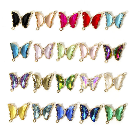 Picture of Brass & Glass Insect Connectors Charms Pendants Gold Plated Multicolor Butterfly Animal Clear Rhinestone 22mm x 22mm