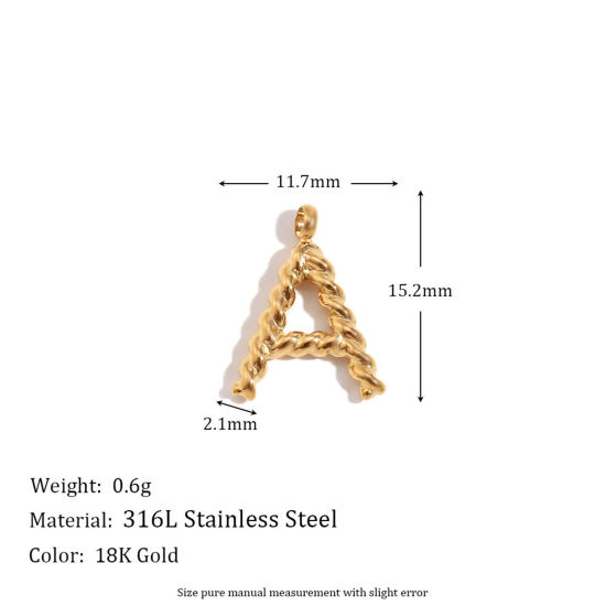 Picture of 316 Stainless Steel Mini Charms 18K Gold Plated Capital Alphabet/ Letter Message " A-Z " Twisted 15.2mm x 11.7mm