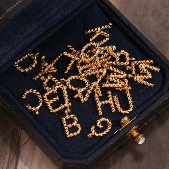 Picture of 316 Stainless Steel Mini Charms 18K Gold Plated Capital Alphabet/ Letter Message " A-Z " Twisted 15.2mm x 11.7mm
