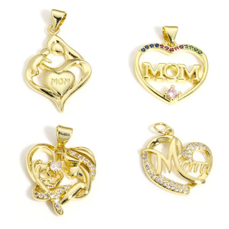 Image de 1 Pièce Pendentif Breloque Fête des Mères en Laiton Plaqué Or 18K Cœur