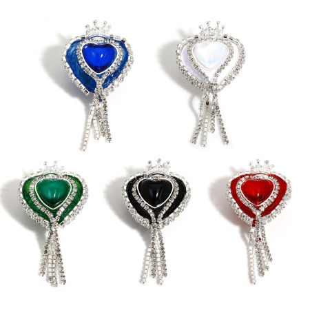 Picture of Polymer Clay Valentine's Day Beads For DIY Jewelry Making Heart Multicolor Crown Pattern Clear Rhinestone About 5.5cm x 2.7cm, Hole: Approx 2.4mm