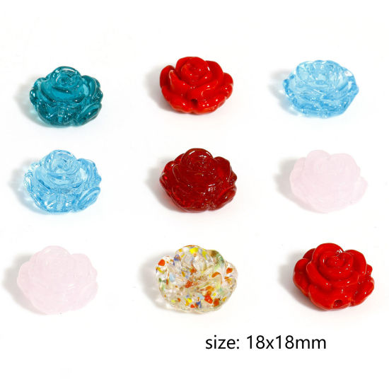 Picture of Lampwork Glass Valentine's Day Beads For DIY Jewelry Making Rose Flower Multicolor 3D About 18mm x 18mm, Hole: Approx 1.2mm