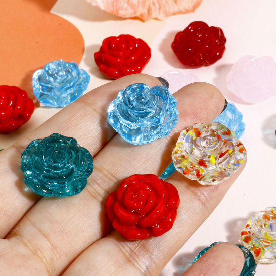 Picture of Lampwork Glass Valentine's Day Beads For DIY Jewelry Making Rose Flower Multicolor 3D About 18mm x 18mm, Hole: Approx 1.2mm