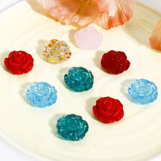 Picture of Lampwork Glass Valentine's Day Beads For DIY Jewelry Making Rose Flower Multicolor 3D About 18mm x 18mm, Hole: Approx 1.2mm