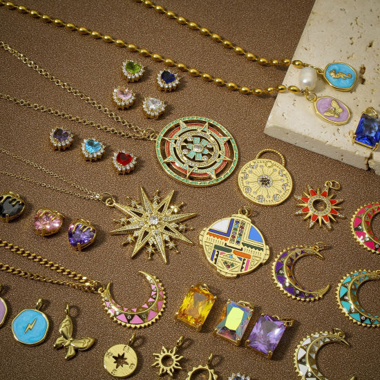 Изображение 1 ШТ Латунь День святого Валентина Подвески Сердце 18K настоящее золото с покрытием Разноцветный Искусственный Циркон 16мм x 11мм