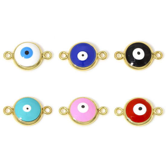 Picture of Brass Religious Connectors Charms Pendants Round Evil Eye 18K Real Gold Plated Multicolor Enamel 16mm x 10mm