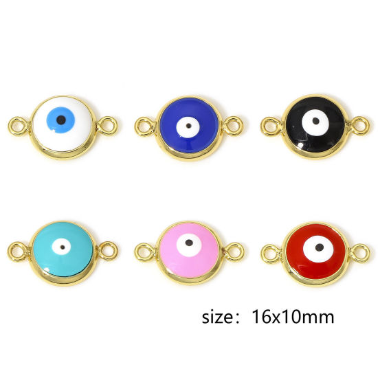 Picture of Brass Religious Connectors Charms Pendants Round Evil Eye 18K Real Gold Plated Multicolor Enamel 16mm x 10mm