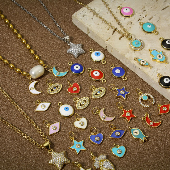 Picture of Brass Religious Connectors Charms Pendants Round Evil Eye 18K Real Gold Plated Multicolor Enamel 16mm x 10mm