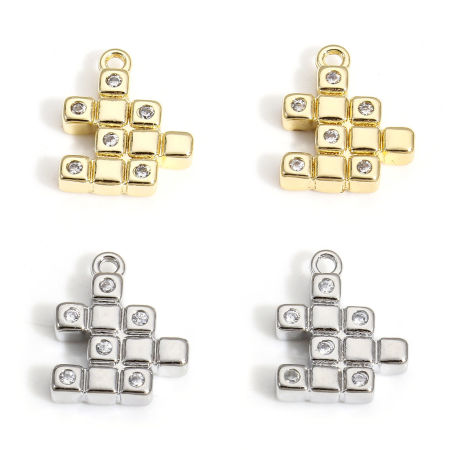 Brass Charms Real Gold Plated Rubik's Cube/ Magic Cube Clear Cubic Zirconia Tetris 12mm x 10mm