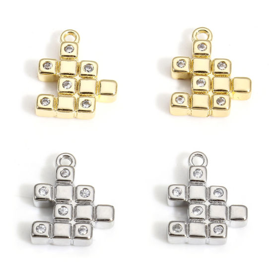Picture of Brass Charms Real Gold Plated Rubik's Cube/ Magic Cube Clear Cubic Zirconia Tetris 12mm x 10mm