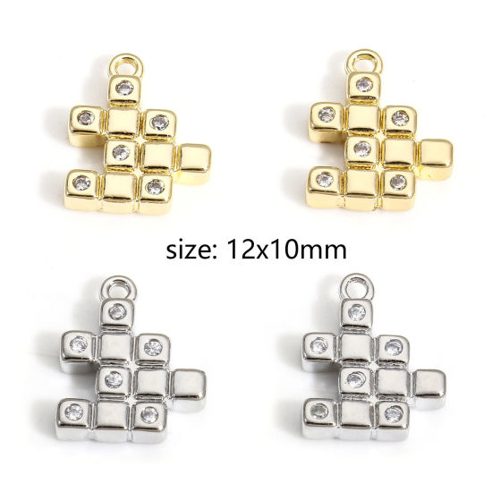 Picture of Brass Charms Real Gold Plated Rubik's Cube/ Magic Cube Clear Cubic Zirconia Tetris 12mm x 10mm