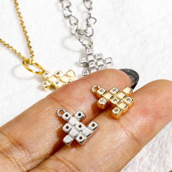 Picture of Brass Charms Real Gold Plated Rubik's Cube/ Magic Cube Clear Cubic Zirconia Tetris 12mm x 10mm