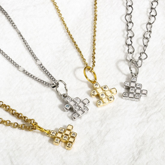 Picture of Brass Charms Real Gold Plated Rubik's Cube/ Magic Cube Clear Cubic Zirconia Tetris 12mm x 10mm