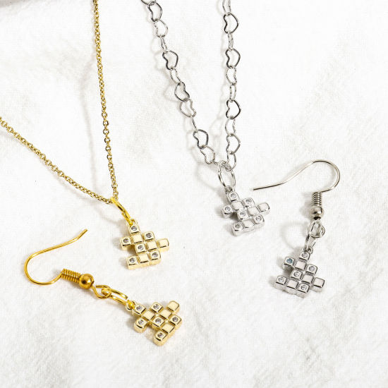 Picture of Brass Charms Real Gold Plated Rubik's Cube/ Magic Cube Clear Cubic Zirconia Tetris 12mm x 10mm