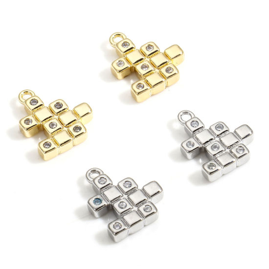 Picture of Brass Charms Real Gold Plated Rubik's Cube/ Magic Cube Clear Cubic Zirconia Tetris 12mm x 10mm