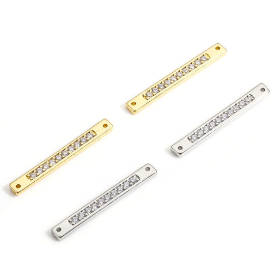 Picture of Brass Geometric Connectors Charms Pendants Rectangle Real Gold Plated Micro Pave Clear Cubic Zirconia 32mm x 4mm
