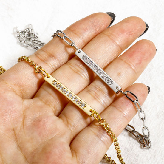 Image de 2 Pcs Connecteurs Pendentifs Breloques Géométrique en Laiton Rectangle Plaqué Or Véritable Micro Pave à Zircone Cubique Clair 32mm x 4mm