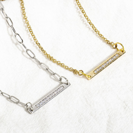 Image de 2 Pcs Connecteurs Pendentifs Breloques Géométrique en Laiton Rectangle Plaqué Or Véritable Micro Pave à Zircone Cubique Clair 32mm x 4mm