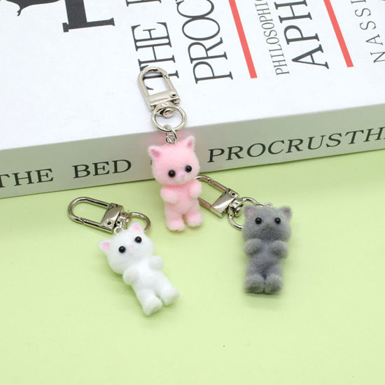 Picture of Resin Cute Keychain & Keyring Silver Tone Multicolor Cat Animal