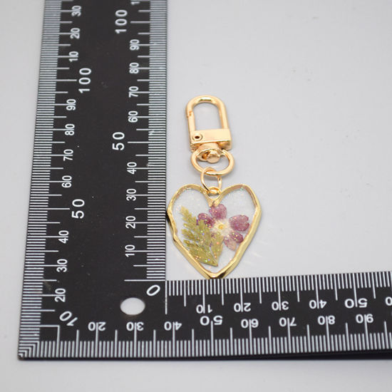 Picture of Handmade Resin Jewelry Real Flower Keychain & Keyring Gold Plated Multicolor Heart