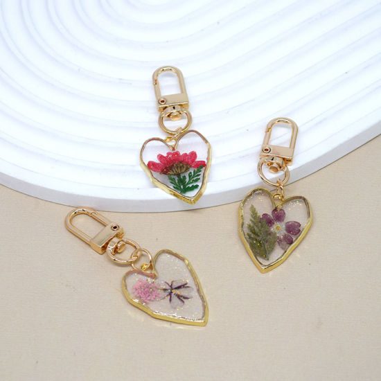 Picture of Handmade Resin Jewelry Real Flower Keychain & Keyring Gold Plated Multicolor Heart