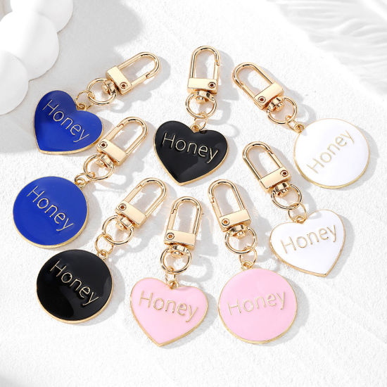 Bild von 1 Stück Valentinstag Schlüsselkette & Schlüsselring Vergoldet Bunt Herz Message " Honey " Emaille