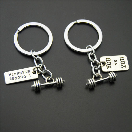 Picture of Sport Keychain & Keyring Antique Silver Color Dumbbell Message " You vs You "