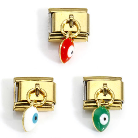 304 Stainless Steel Italian Charm Links For DIY Bracelet Jewelry Making Gold Plated Rectangle Evil Eye Double-sided Enamel 10mm x 9mm