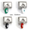 Picture of 304 Stainless Steel Italian Charm Links For DIY Bracelet Jewelry Making Silver Tone Rectangle Evil Eye Double-sided Enamel 10mm x 9mm