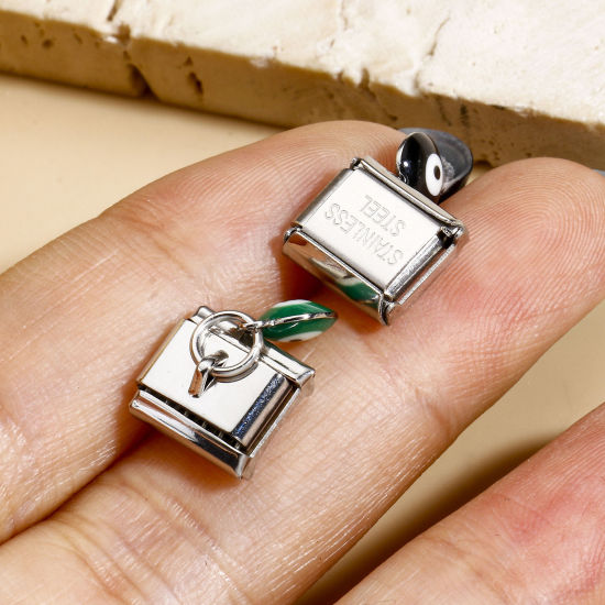 Immagine di 1 Pz 304 Acciaio Inossidabile Bracciale con Charm Italiano a Maglie, Creazione di Gioielli Fai-da-te Tono Argento Rettangolo Malocchio Smalto a Doppia Faccia 10mm x 9mm
