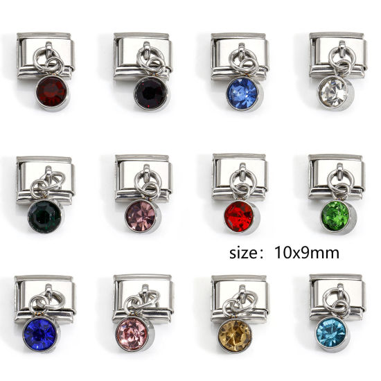 Picture of 304 Stainless Steel Birthstone Italian Charm Links For DIY Bracelet Jewelry Making Silver Tone Rectangle Multicolor Rhinestone 10mm x 9mm