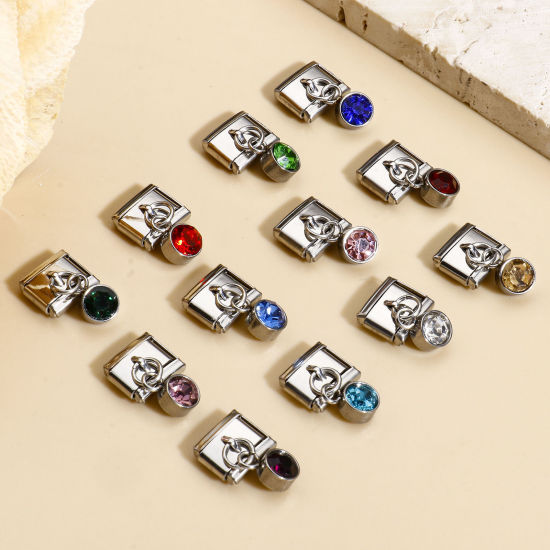 Picture of 304 Stainless Steel Birthstone Italian Charm Links For DIY Bracelet Jewelry Making Silver Tone Rectangle Multicolor Rhinestone 10mm x 9mm