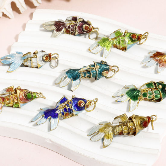 Picture of Brass 3D Pendants Gold Plated Multicolor Enamel Fish Animal Movable 4.5cm x 2cm