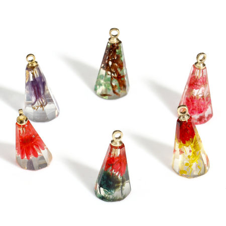 Picture of Handmade Resin Jewelry Real Flower Charms Cone Gold Plated Multicolor 17mm x 9mm