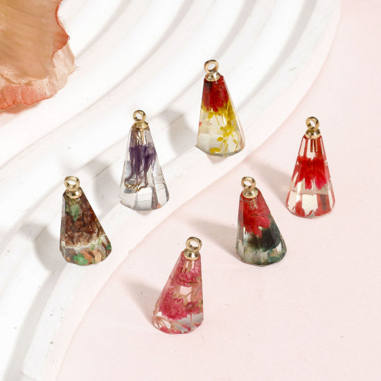 Picture of Handmade Resin Jewelry Real Flower Charms Cone Gold Plated Multicolor 17mm x 9mm