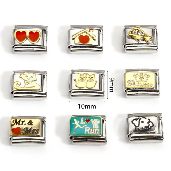 Picture of 304 Stainless Steel Italian Charm Links For DIY Bracelet Jewelry Making Silver Tone Rectangle 10mm x 9mm